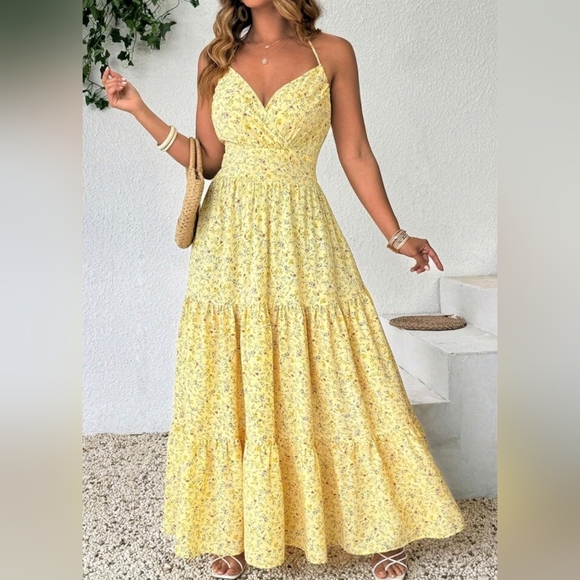 New Boho Floral Wrap Halter Tie Maxi Tiered Dress PLUS Yellow Multi Floral - Picture 4 of 7